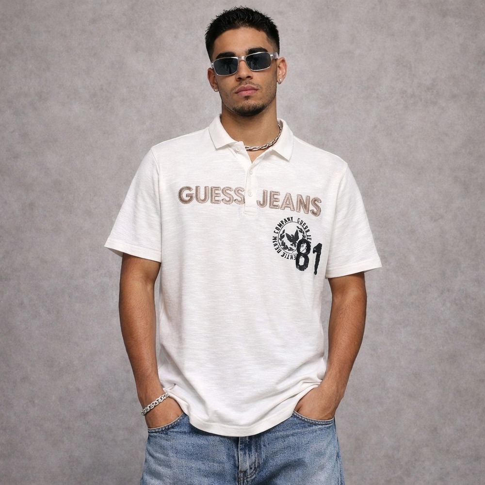 Y2K Guess Jeans Polo Shirt‎ Mens L White Stitched Logo Short Sleeve Retro Casual
